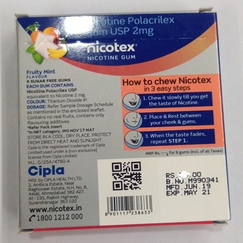 Nicotex 2mg fruity mint flavour chewing gum back side packaging with usage instructions