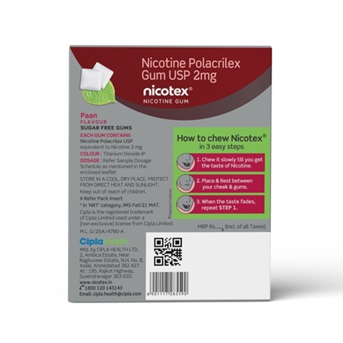 Nicotex 2mg paan flavour nicotine gum back side packaging with details and QR code