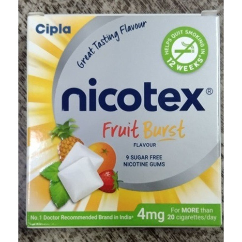Nicotex 4mg fruit burst flavour gum outer carton and blister strip close-up