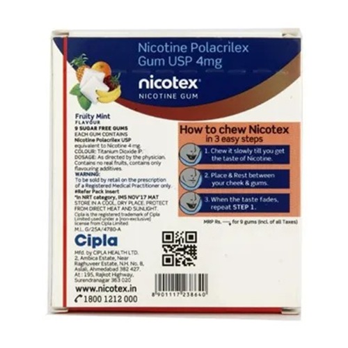 Nicotex 4mg Fruity Mint back view with usage instructions and nicotine gum details