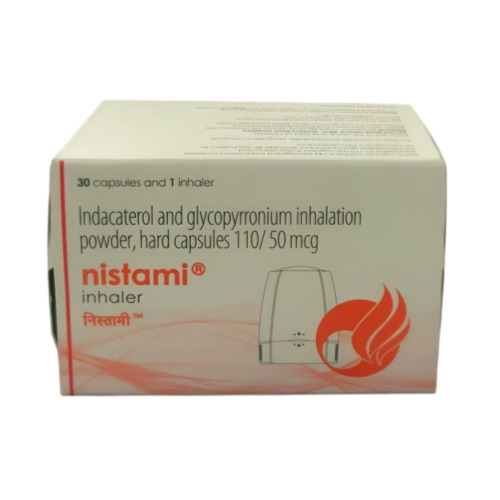 Nistami inhaler pack showing 110mcg and 50mcg combination capsules and device