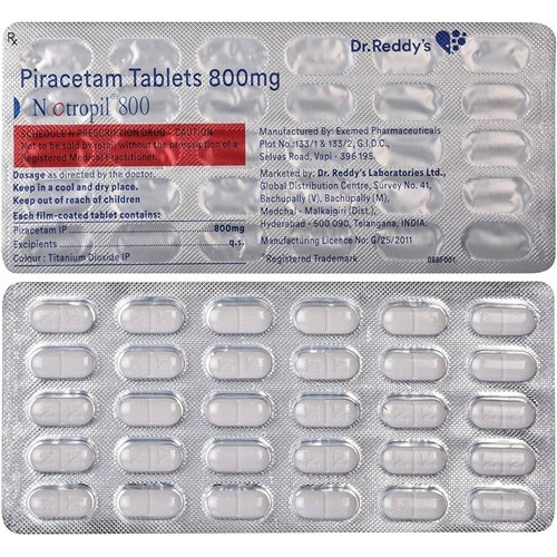 Transparent blister sheet of Nootropil 800mg tablets with dosage print visible