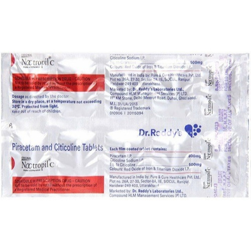 Nootropil C tablets 10 silver foil blister strip with printed text and Dr. Reddy’s branding