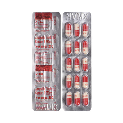 Novamox 250mg (Amoxicillin Trihydrate) silver blister packs containing red-and-white capsules arranged in rows