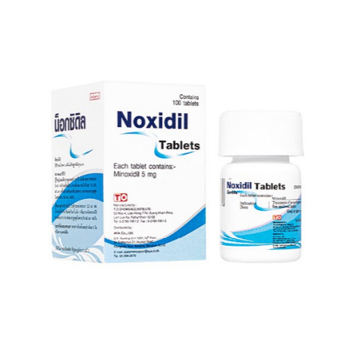 Noxidil 5mg box with bottle beside it, label and packaging legible