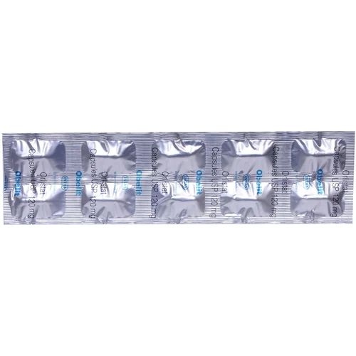 Obelit 120 blister pack of Orlistat 120mg silver foil capsules close-up