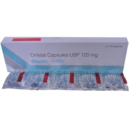 Obelit 120 Orlistat 120mg full strip packaging with printed foil and capsules