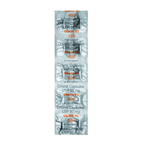 Obelit 60mg (Orlistat) vertical silver blister strip with orange capsule details