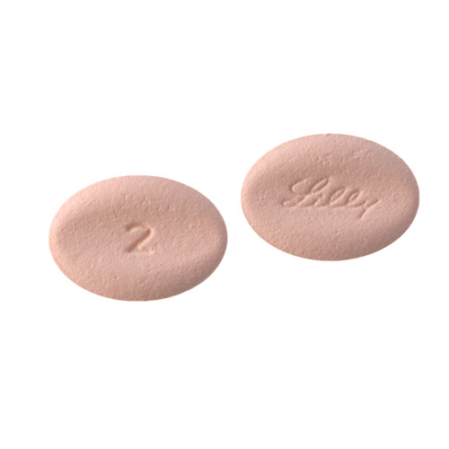 Olumiant 2mg 28 Tablets two round pink film-coated tablets close-up