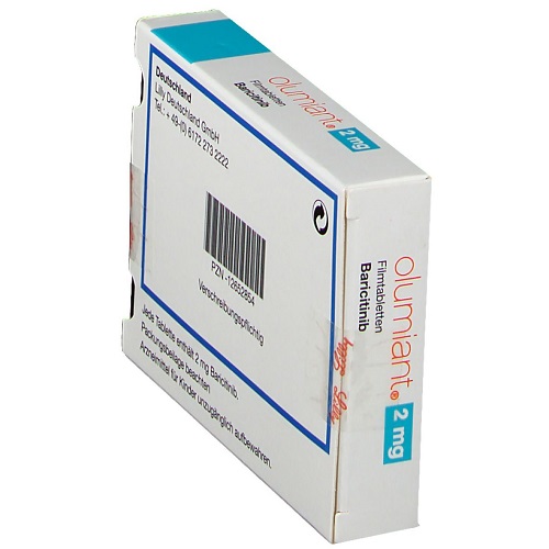 Olumiant 2mg 28 Tablets back view of outer carton with barcode visible