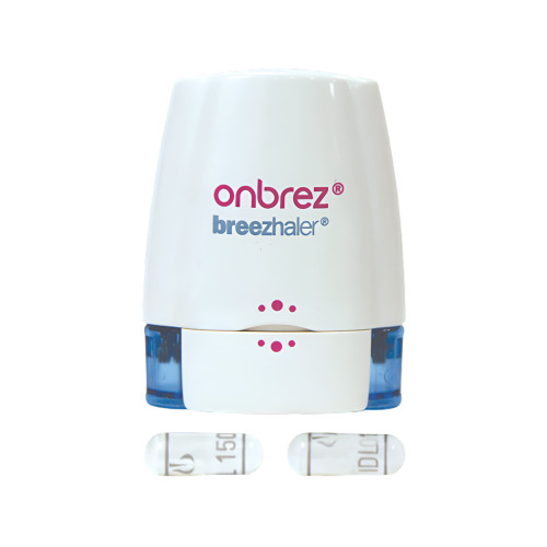 Onbrez 150mcg capsule inhaler pack with breezhaler device front view