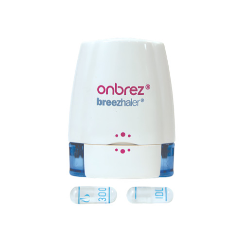 Onbrez 300 Breezhaler inhaler device with two sample capsules placed beside it