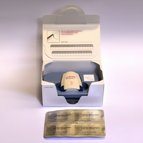 Onbrez 300 Breezhaler 30 capsules opened box set with inhaler and blister pack inside
