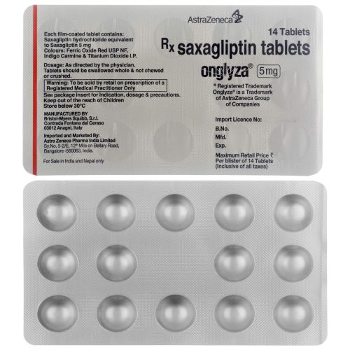Onglyza 5mg round white tablets in blister strip with printed foil