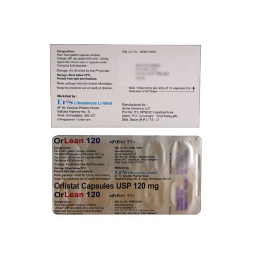 Orlean 120 Orlistat 120mg capsule blister pack close-up with silver foil
