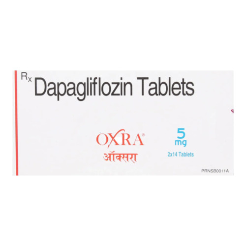 Oxra 5 box and blister strip arranged, packaging and dosage details identifiable