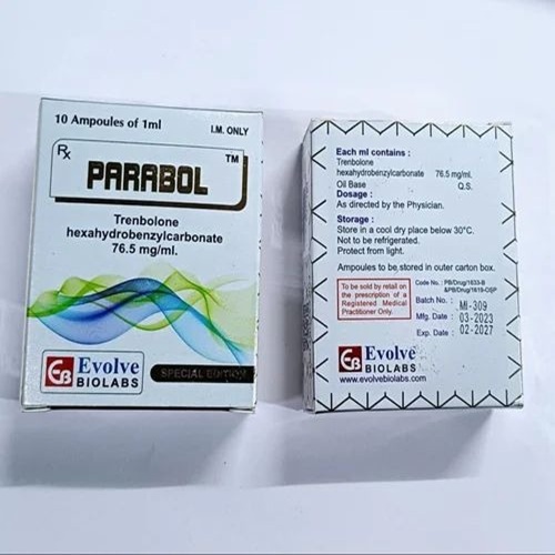 Parabol 76.5mg injection ampoules and instruction leaflet beside box, bodybuilding performance enhancer