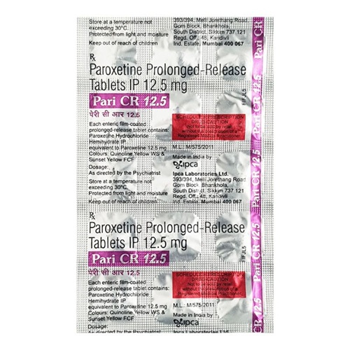 Pari CR 12.5 blister strip showing paroxetine tablets, psychiatric medication for depression, panic disorder, and PTSD, online pharmacy