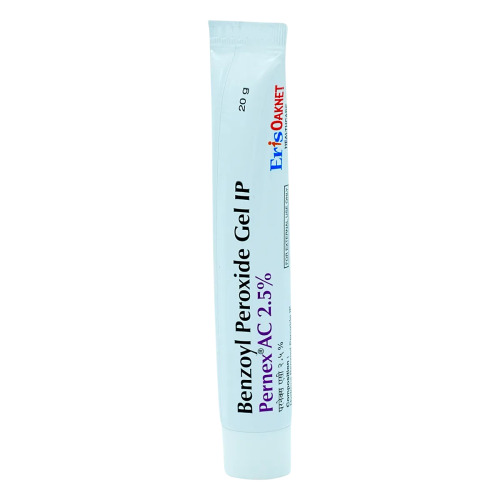 Pernex AC 2.5% Gel (Benzoyl Peroxide) light blue tube standing upright with printed label visible