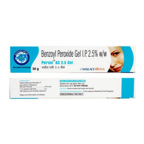 Persol AC 2.5% Gel (Benzoyl Peroxide) 30gm tube and box placed side by side showing label text