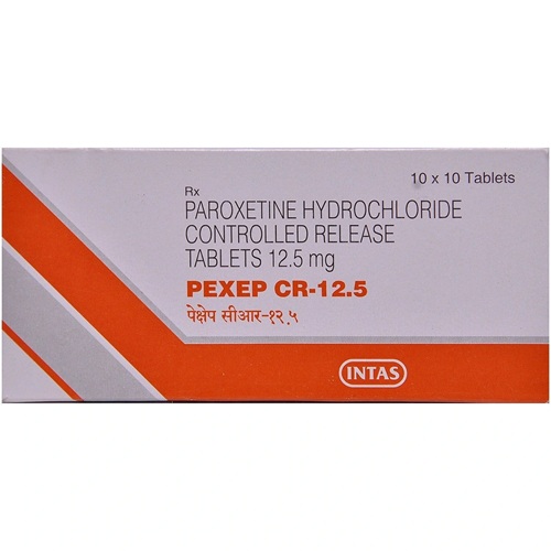 Pexep CR 12.5 box packaging with 100 tablets paroxetine controlled-release, SSRI antidepressant for depression, anxiety, and OCD, online pharmacy ZarvyPharm