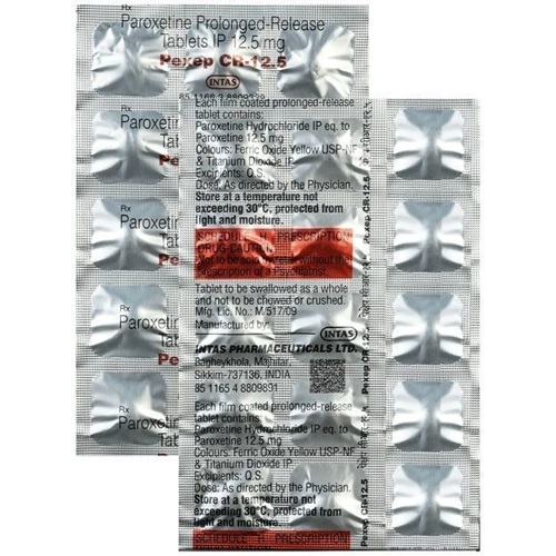 Pexep CR 12.5 blister strip showing paroxetine tablets, psychiatric medication for depression, panic disorder, and PTSD, online pharmacy
