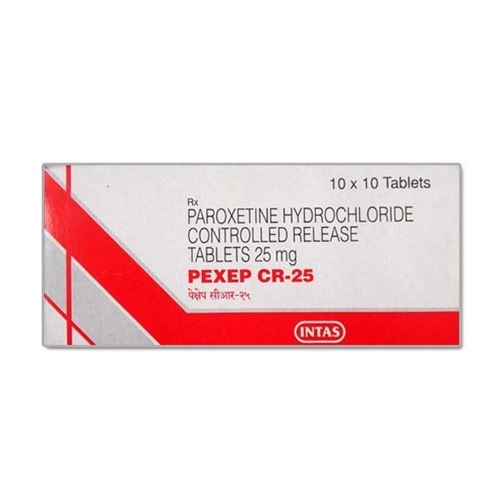 Pexep CR 25 box packaging with 100 tablets paroxetine controlled-release, SSRI antidepressant for depression, anxiety, and OCD, online pharmacy ZarvyPharm