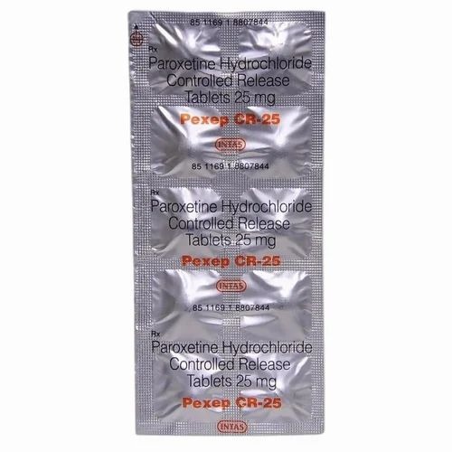 Pexep CR 25 blister strip showing paroxetine tablets, psychiatric medication for depression, panic disorder, and PTSD, online pharmacy
