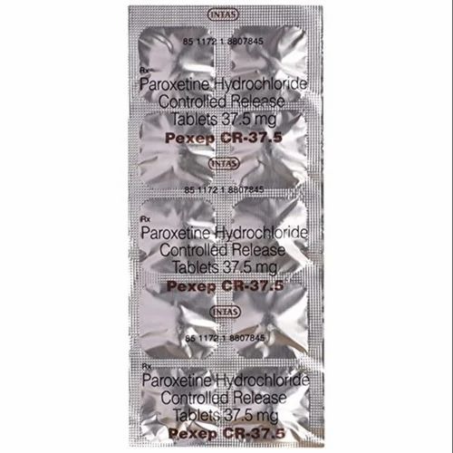 Pexep CR 37.5 blister strip showing paroxetine tablets, psychiatric medication for depression, panic disorder, and PTSD, online pharmacy