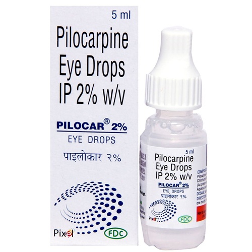 Pilocar 2% Eye Drops 5ml box with dropper bottle displayed in front – pilocarpine solution for glaucoma