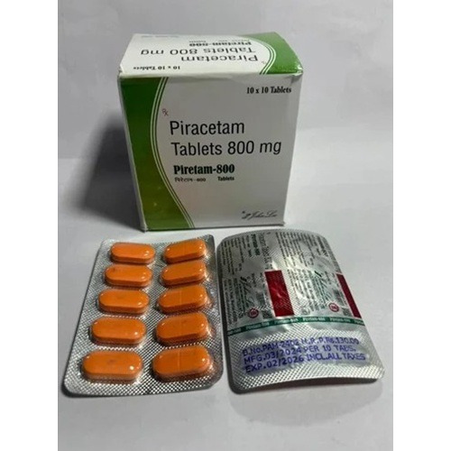 Piretam 800mg outer packaging with tablets and silver blister sheet visible