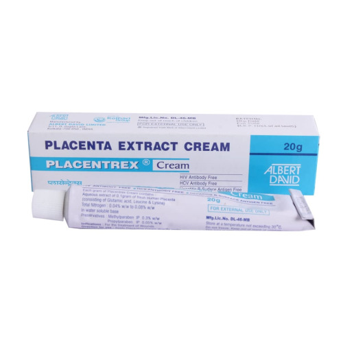 Placentrex Cream 20gm box with tube laid flat front of it