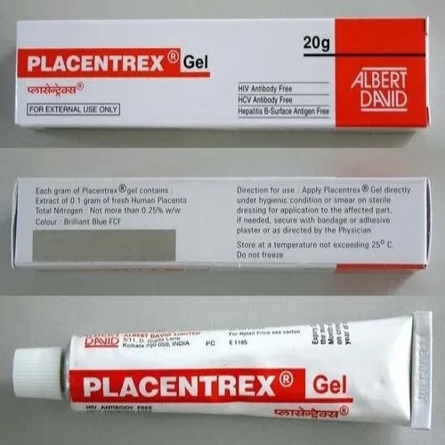 Placentrex Gel 20gm tube laid next to two boxes