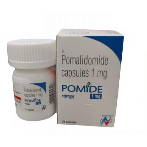 Pomide 1 (Pomalidomide) 1mg 21 capsules white plastic pill bottle with carton packaging for multiple myeloma medication online pharmacy