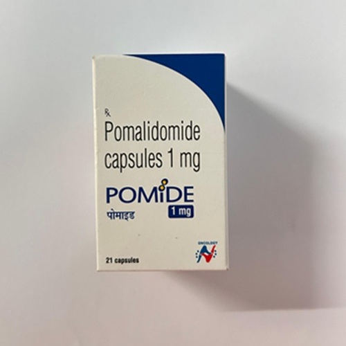 Pomide 1 (Pomalidomide) 1mg 21 capsules front view carton box with blue design for oncology treatment online pharmacy