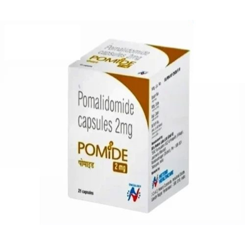 Pomide 2 (Pomalidomide) 2mg 21 capsules side view branded carton packaging for multiple myeloma medication online pharmacy