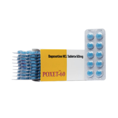 Poxet 60mg (Dapoxetine HCl) multiple blister strips arranged with yellow and white outer box