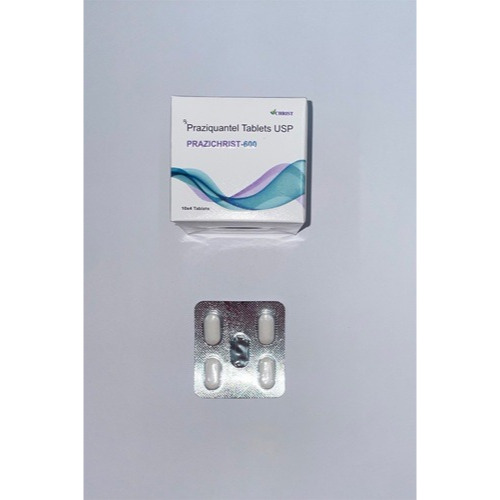 Prazichrist 600 (Praziquantel) 600mg 40 tablets blister strips and carton box set display for antiparasitic and deworming treatment online pharmacy