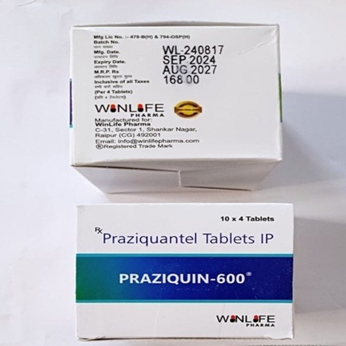 Praziquin 600 praziquantel 600mg box packaging with 40 tablets, broad-spectrum antiparasitic for schistosomiasis and liver fluke infections, available from ZarvyPharm online pharmacy