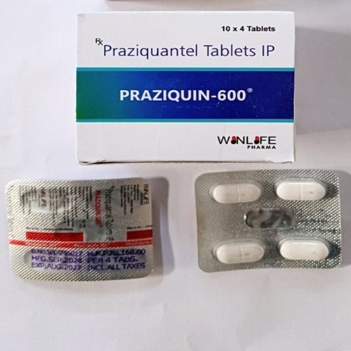 Praziquin 600 praziquantel blister strips front view, oral antiparasitic tablets for tapeworm, intestinal flukes, and schistosomiasis, supplied by trusted online pharmacy  프라지퀸 600 프라지콴텔 블리스터 전면, 촌충·장흡충·주혈흡충증 치료