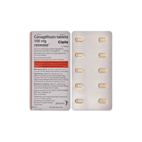 Prominad 100mg blister strip close-up, tablets and printed label details visible