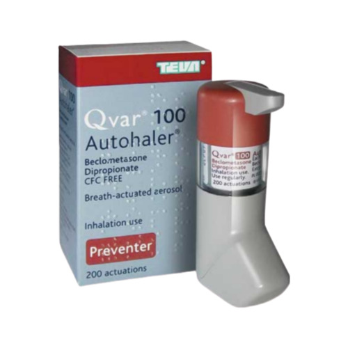 Qvar 100 Autohaler inhaler device with red cap and outer box packaging (200 MDI)