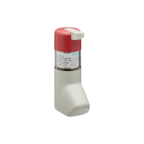 Qvar 100 Autohaler metered dose inhaler with red top and white body