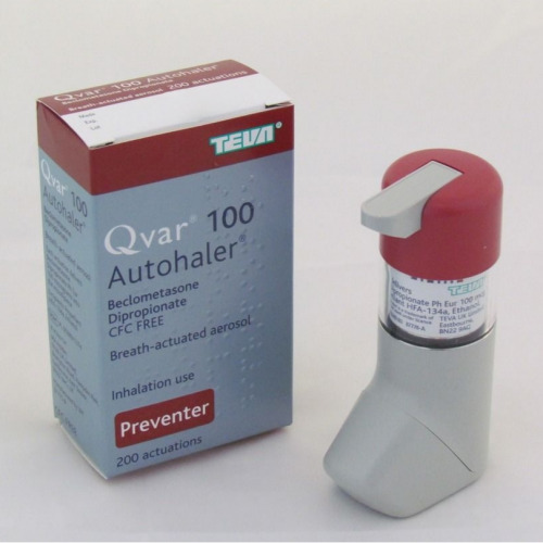 Qvar 100 Autohaler 200 MDI pack showing inhaler and branded box together