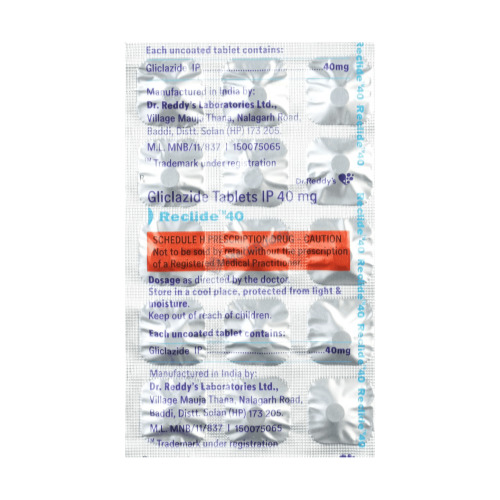 Reclide 40 tablets silver blister pack back side with label