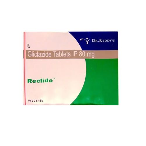 Reclide 80 tablets box packaging with silver blister pack
