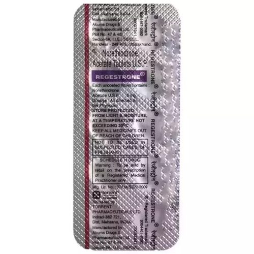 Regestrone 5mg hormonal therapy tablets in silver blister strip with dosage imprint
