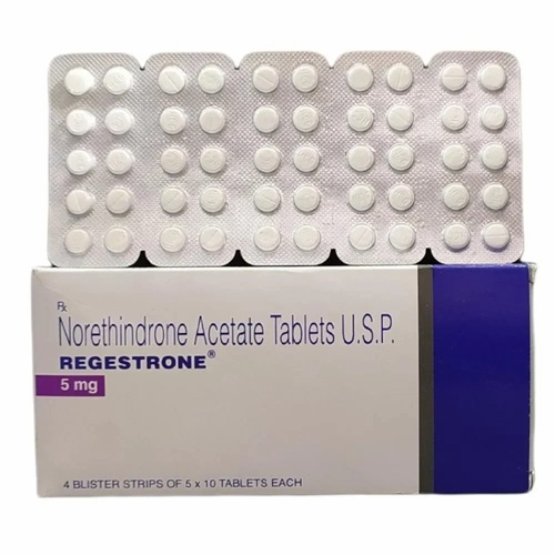 Regestrone 5mg 200 tablets outer packaging with multiple blister sheets displayed