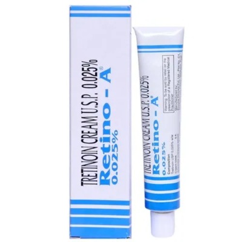 Retino-A 0.025% Cream (Tretinoin) vertical tube placed next to its box, label text visible