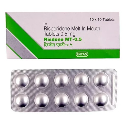 Risdone MT 0.5mg (Risperidone) tablets branded carton with blister packs displayed, online pharmacy supplement for schizophrenia, bipolar disorder, and autism-related symptoms